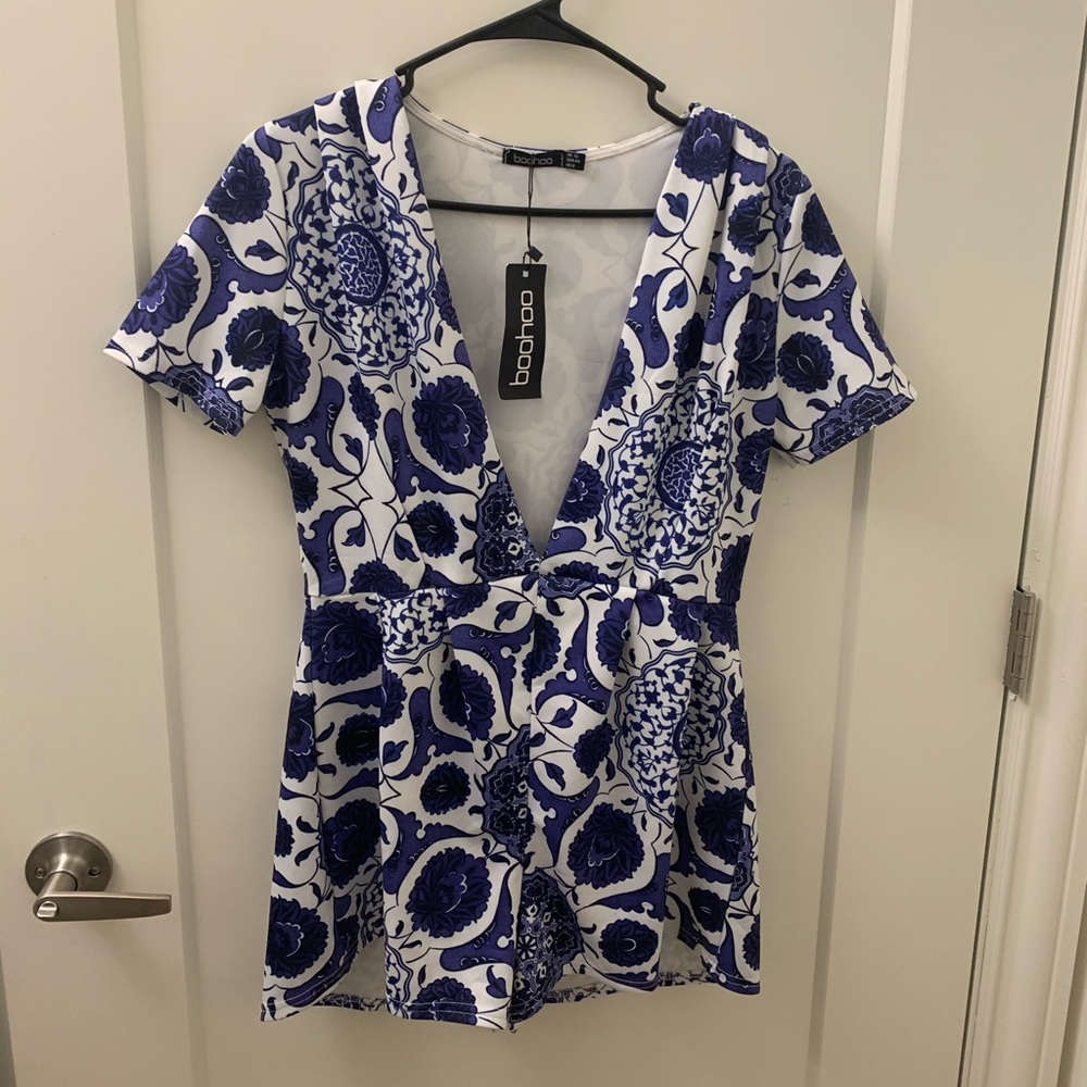 Boohoo Blue and White Romper-never worn